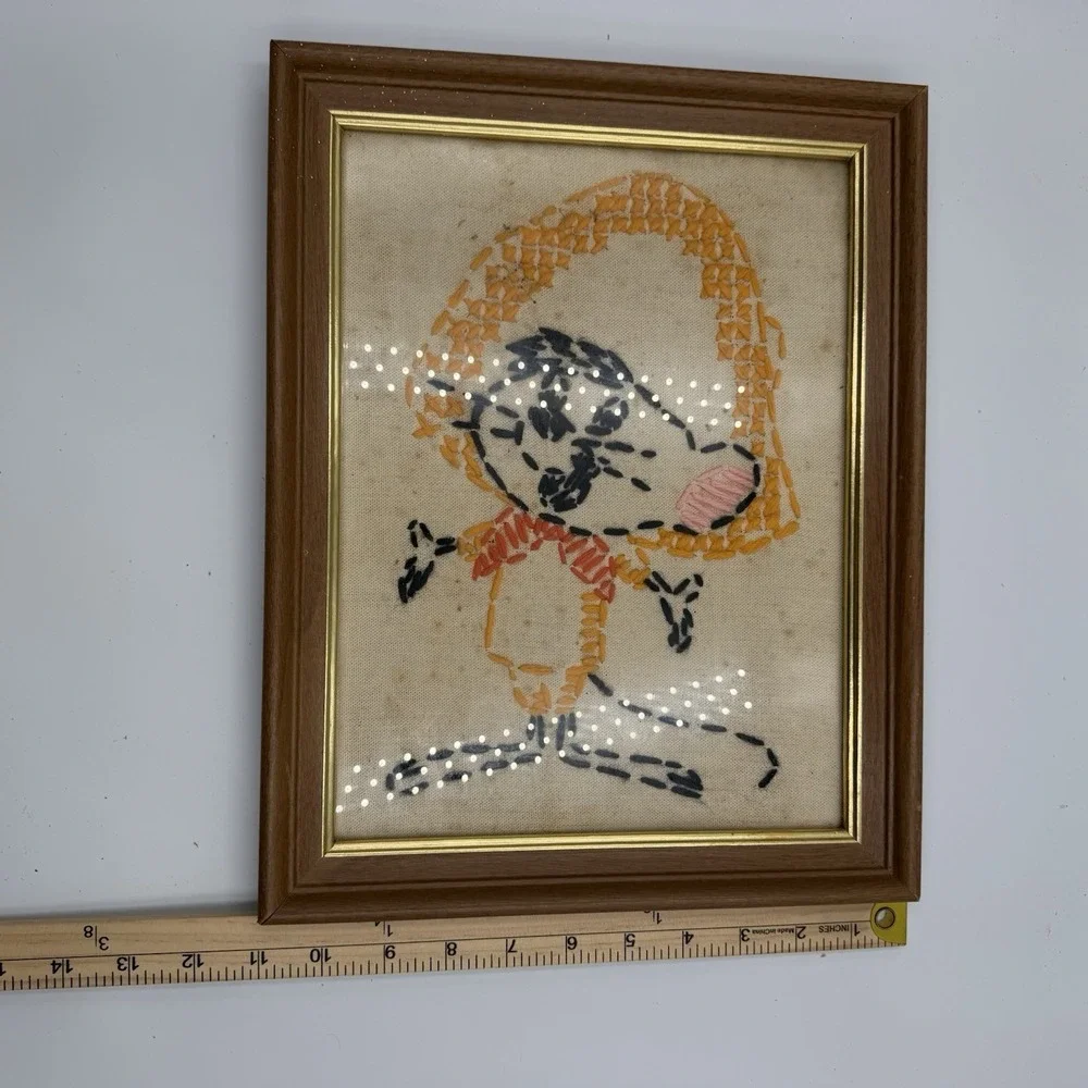 Vintage Crewel Work Needlepoint Hand Made Wall Art Framed Colorful Mouse 14x11